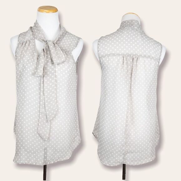 Daniel Rainn Grey Polka Dot Neck Tie Sleeveless Blouse Size Small Sheer Neutral - Picture 1 of 8